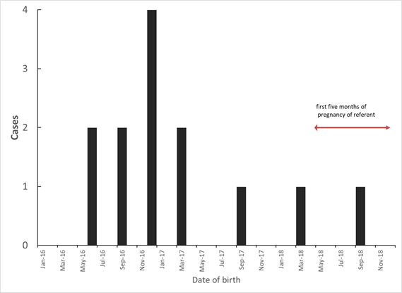 Probable cases of Congenital Zika Syndrome by date of birth, Pascasio Gamboa Hospital, Tuxtla Gutierrez, Chiapas, Mexico, 2016-2018.