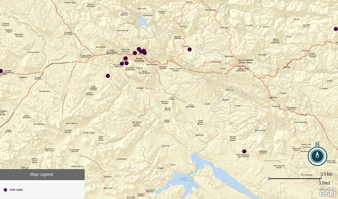 Cases of suspect congenital Zika syndrome seen at the Pascacio Gamboa Hospital by place of residence, Chiapas, Mexico, 2016-2018